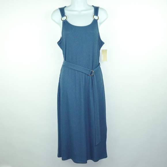 Michal Kors Blue Ribbed Stretchy Dress with Belt - Picture 5 of 6
